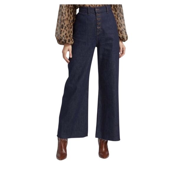 Veronica Beard Grant Wide Leg High Rise Patch Pocket Raw Hem Button Fly Jeans 25 - Picture 1 of 6